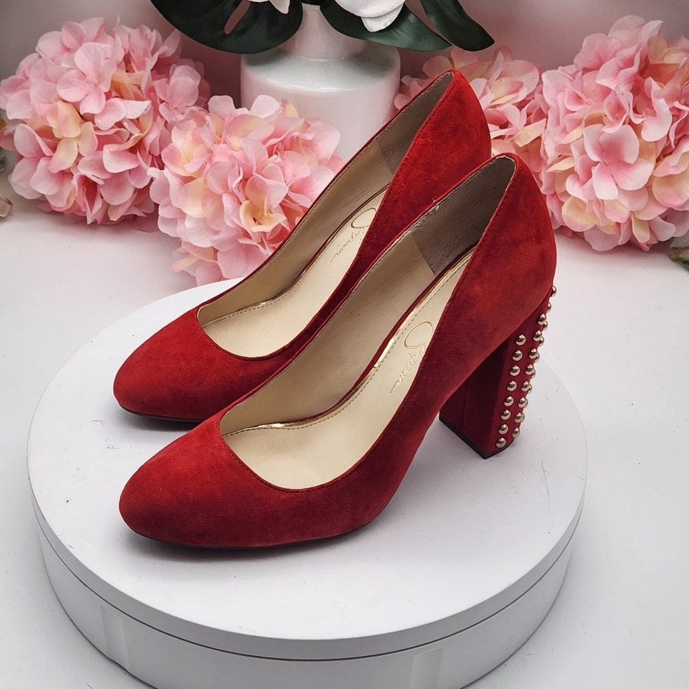 Jessica Simpson Red Gold Studded Block Slip On Suede Pumps Size 8